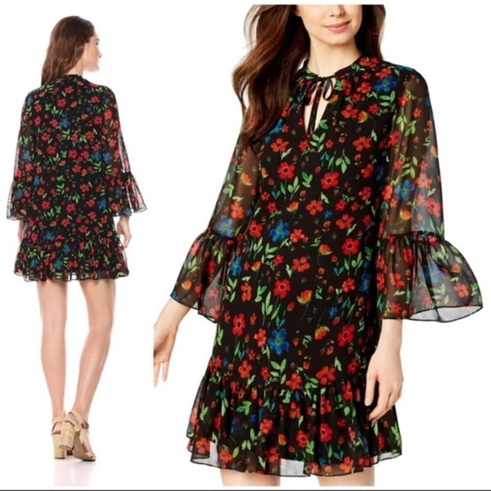 ✅ Calvin Klein FLORAL CHIFFON DRESS BLACK RED SIZE 6